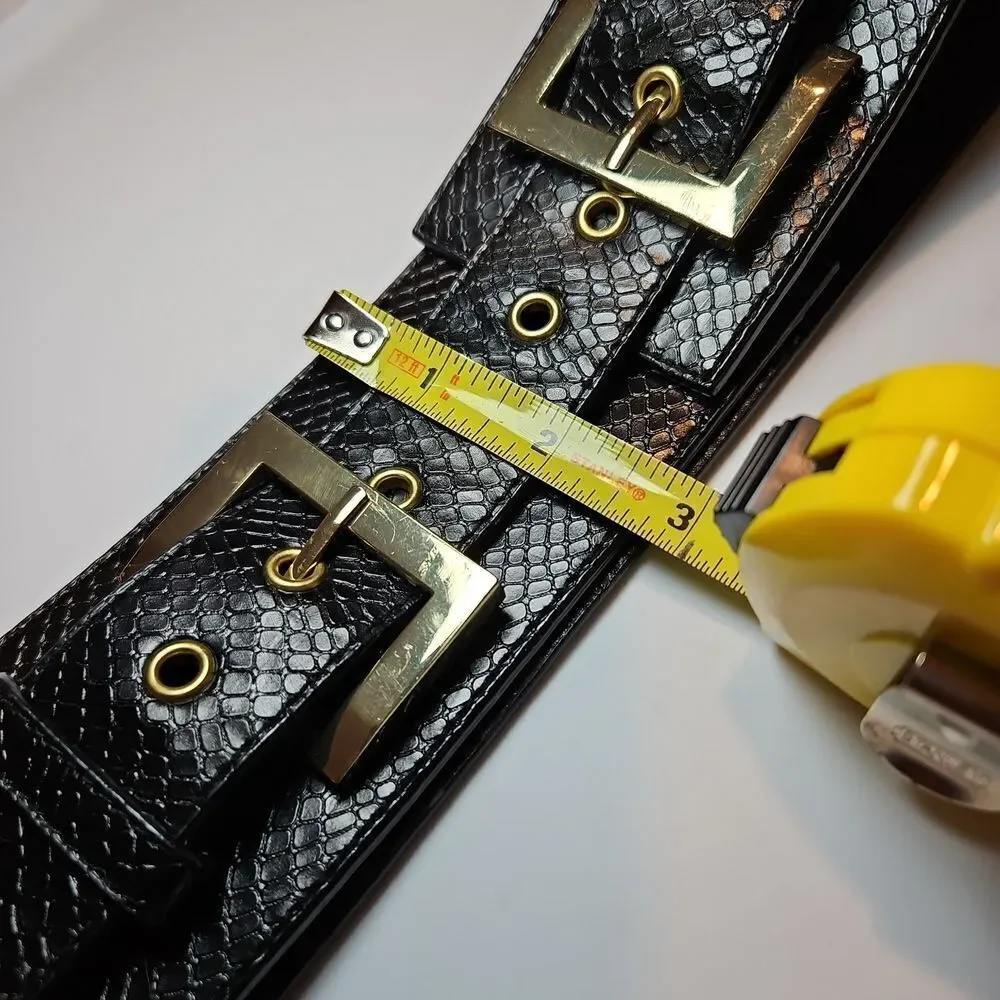 Y2K Black Faux Snakeskin Belt with Gold Buckle 26